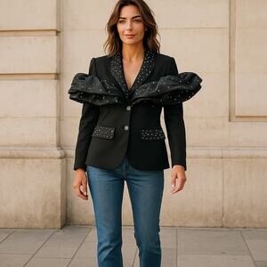 Marc Defang Blazer Statement Black  Ruffled Sleeve and Crystal Embellishment